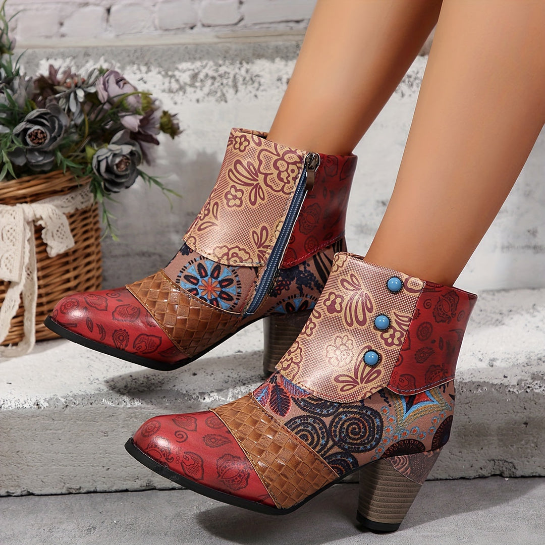 Emma - Bottines à fleurs tendance avec talon robuste