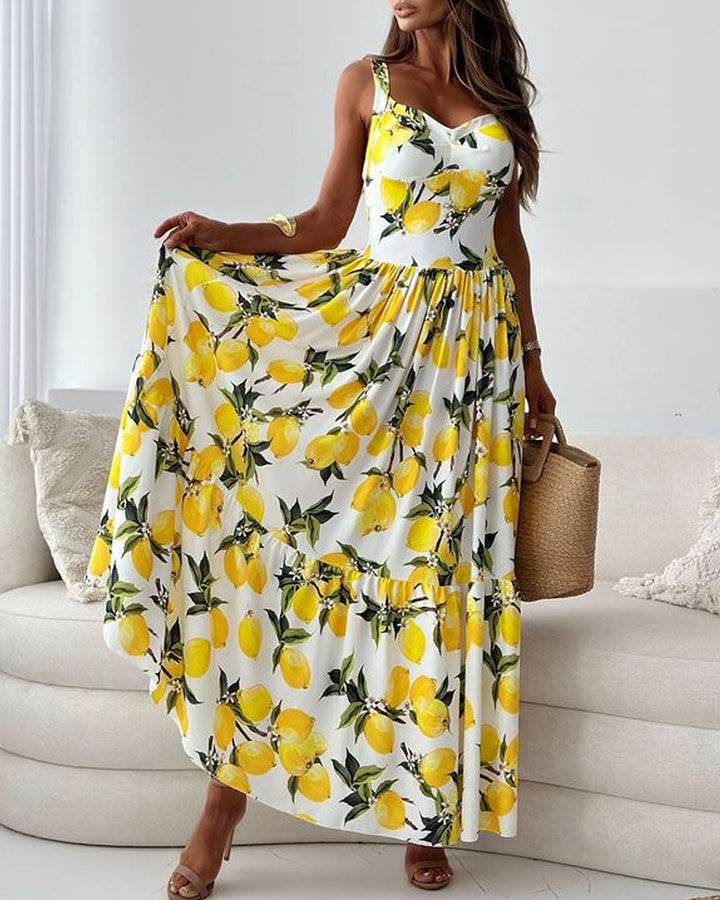 Robe maxi à motif citron et bretelles larges
