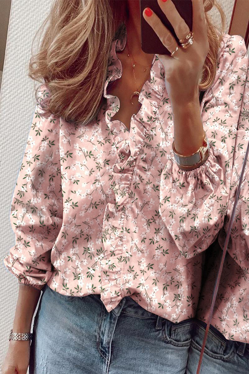 Blouse à manches longues, décolleté en V et volants