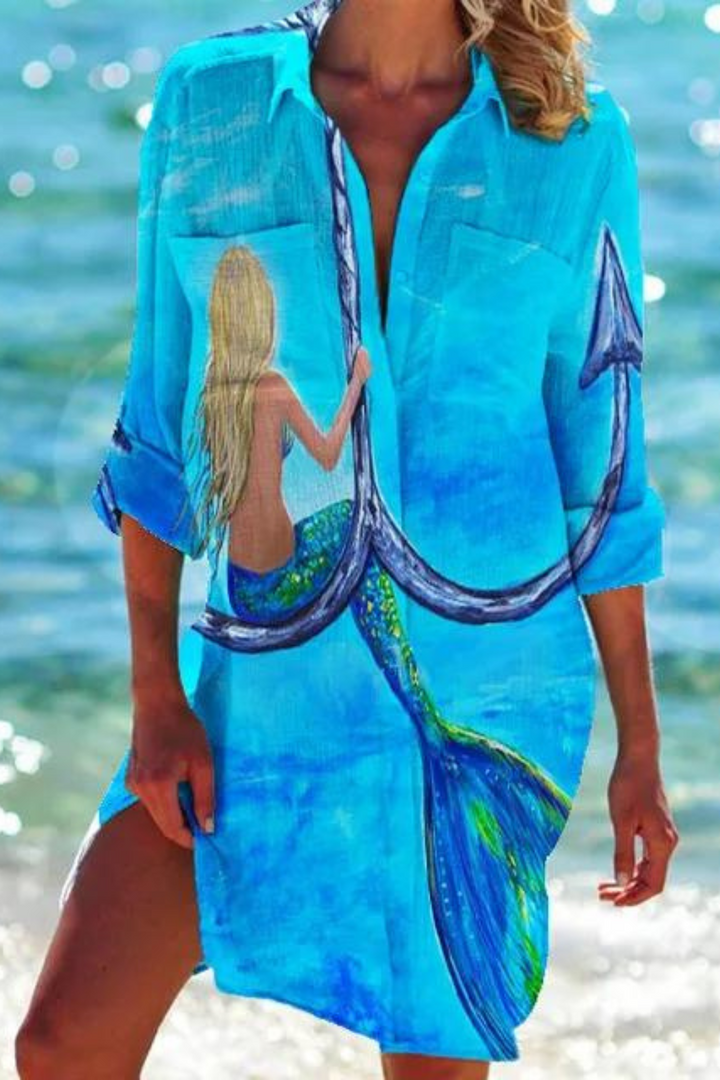 Longue blouse de plage avec motif marin