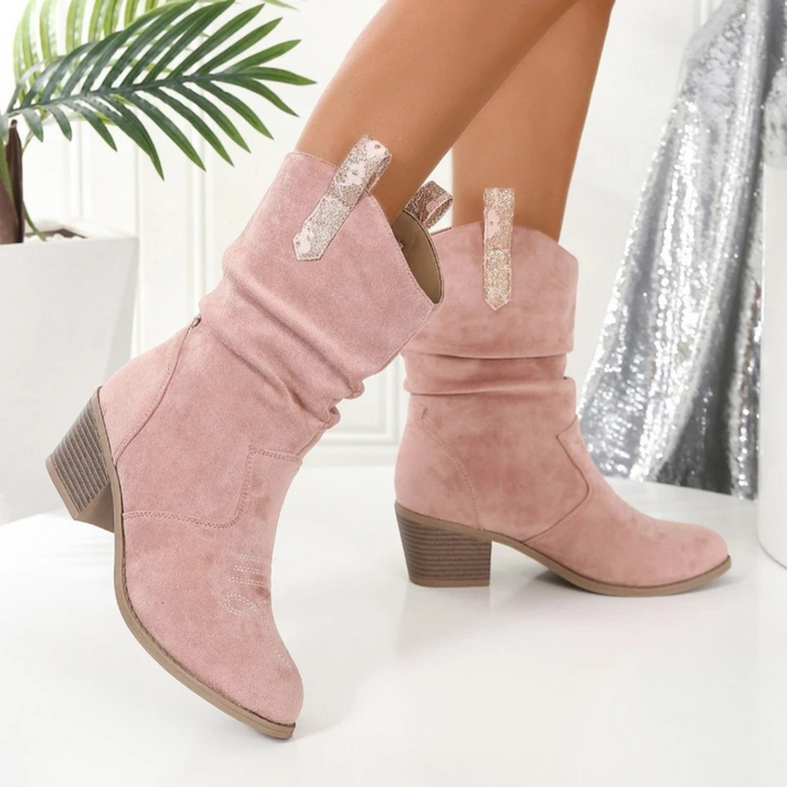 Femke | Bottes de cow-boy élégantes en cuir rose à bout arrondi