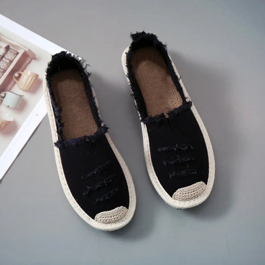Laurynn | Élégantes espadrilles noires et blanches en toile usée très tendance