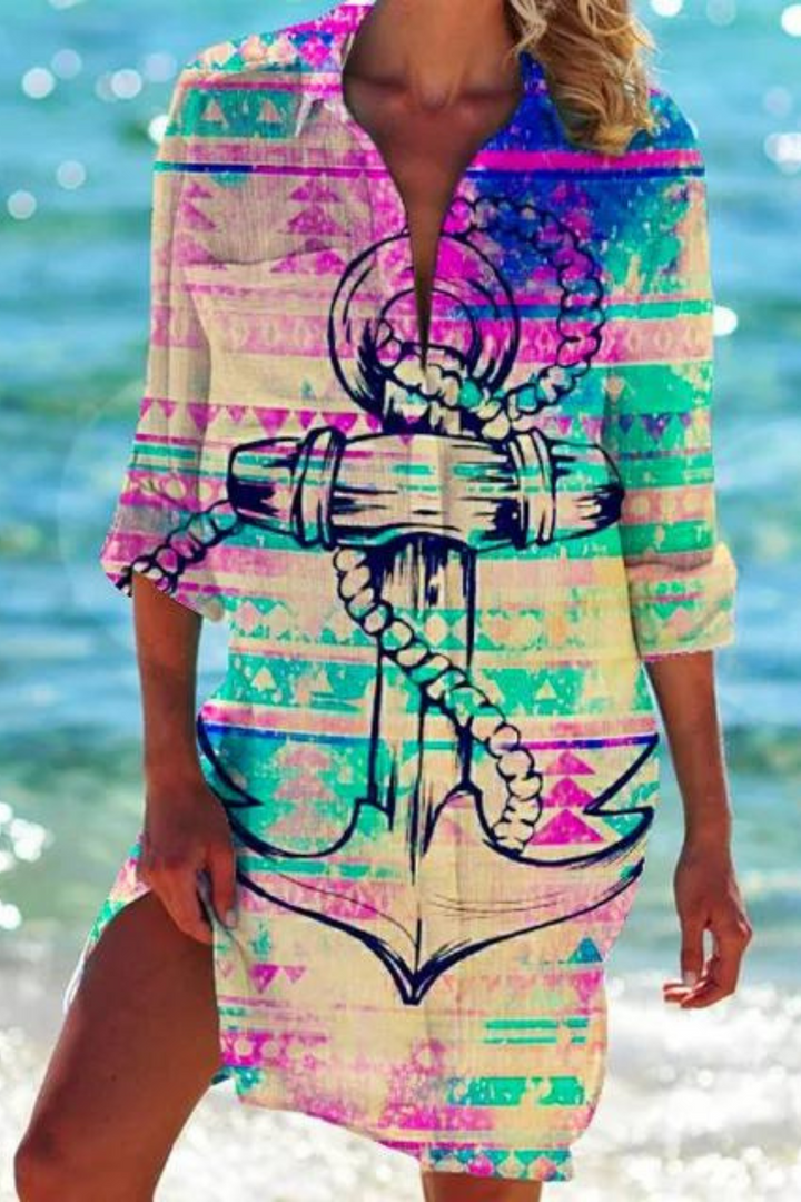 Longue blouse de plage avec motif marin