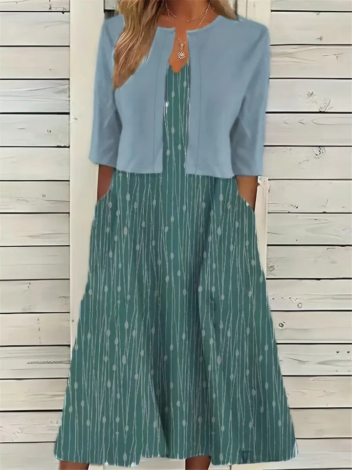 Ensemble de robe à fleurs élégant en deux parties avec crop-top uni et robe à encolure ronde