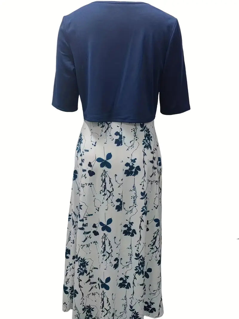 Ensemble de robe à fleurs élégant en deux parties avec crop-top uni et robe à encolure ronde