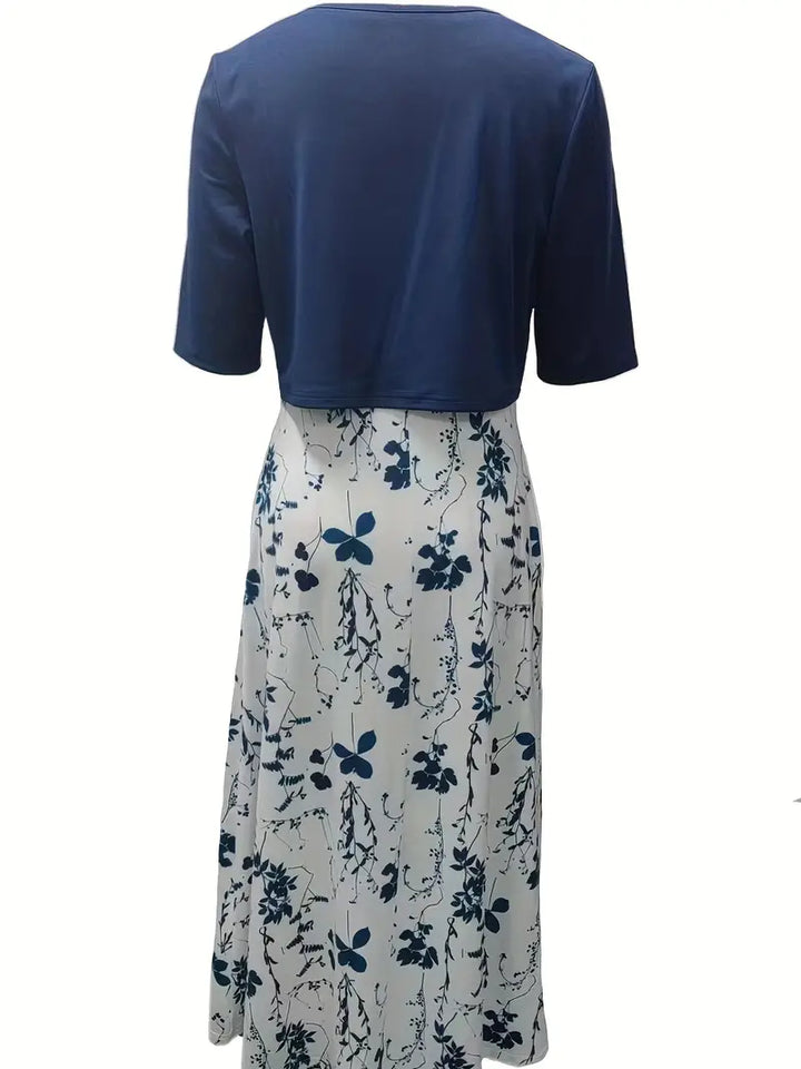 Ensemble de robe à fleurs élégant en deux parties avec crop-top uni et robe à encolure ronde