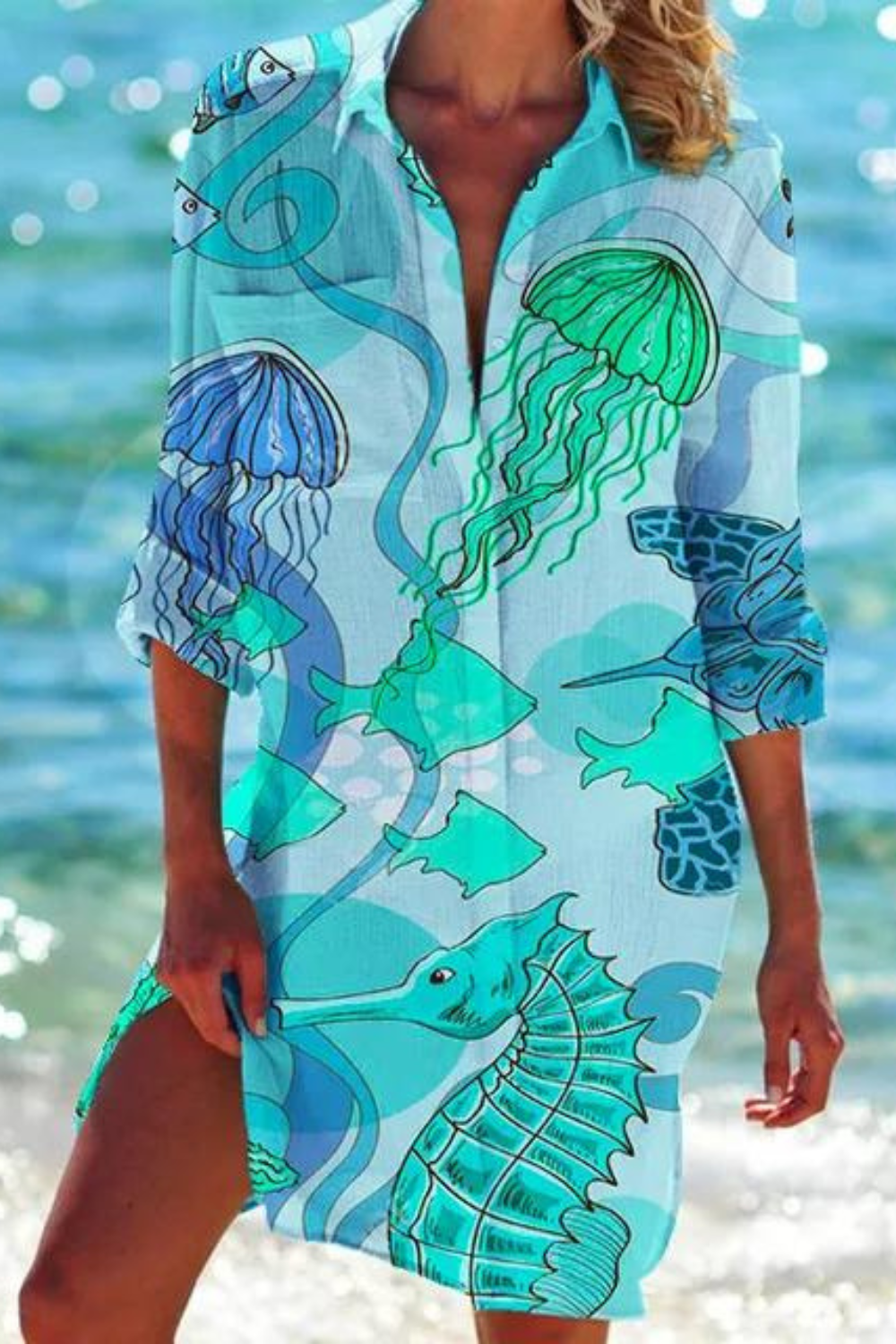 Longue blouse de plage avec motif marin