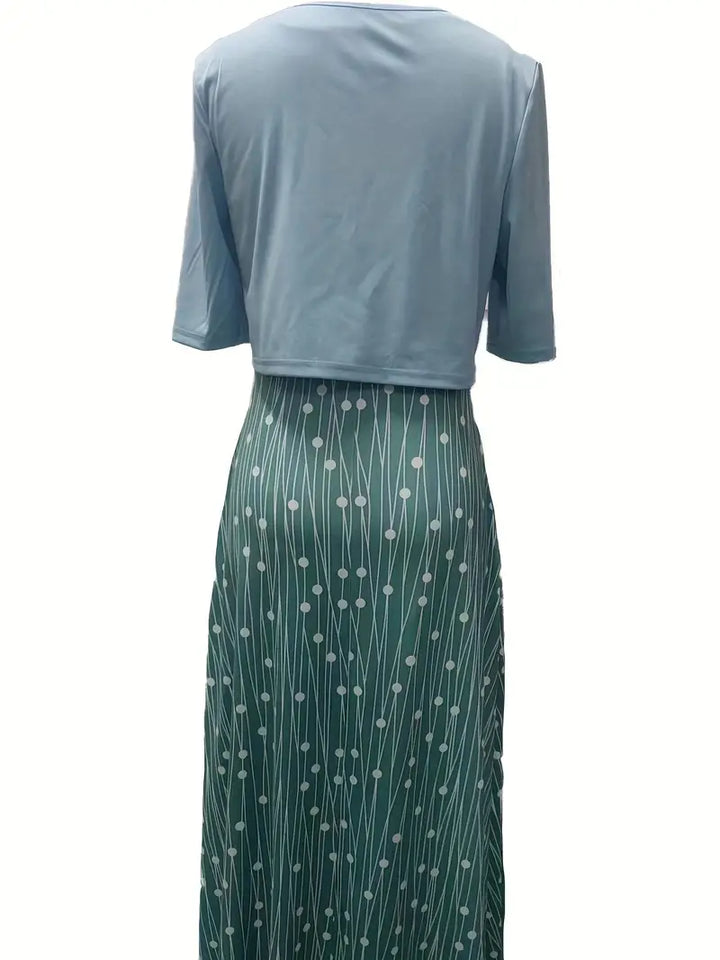 Ensemble de robe à fleurs élégant en deux parties avec crop-top uni et robe à encolure ronde