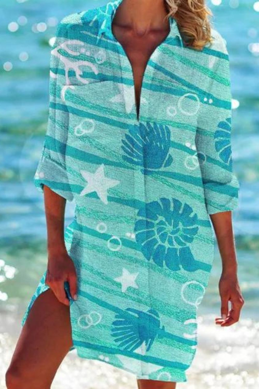 Longue blouse de plage avec motif marin