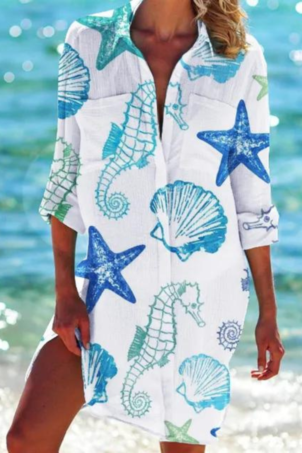 Longue blouse de plage avec motif marin