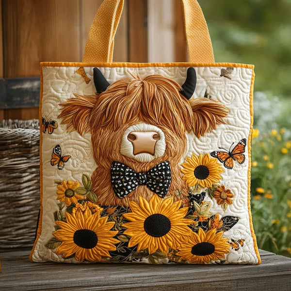 Sac matelassé - Vache des Highlands avec des tournesols