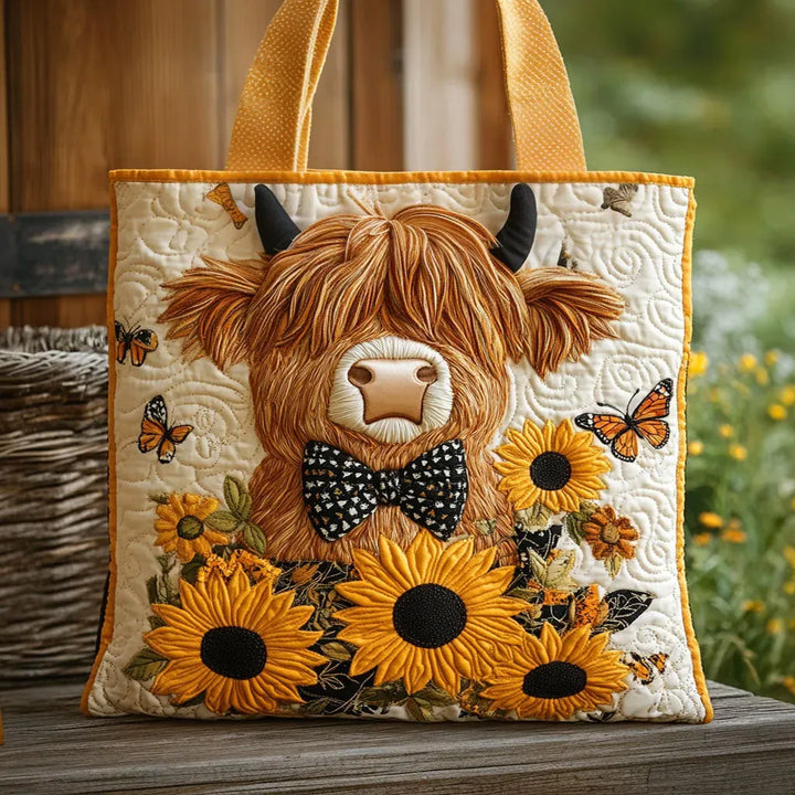 Sac matelassé - Vache des Highlands avec des tournesols
