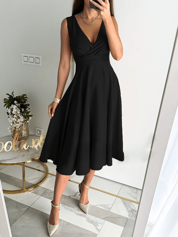 Robe midi en A, fermeture éclair, bretelles, décolleté en V, sans manches, élégante, pour femmes, soirée cocktail