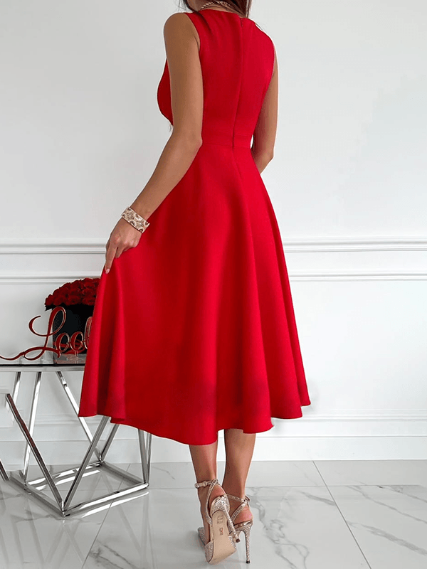 Robe midi en A, fermeture éclair, bretelles, décolleté en V, sans manches, élégante, pour femmes, soirée cocktail