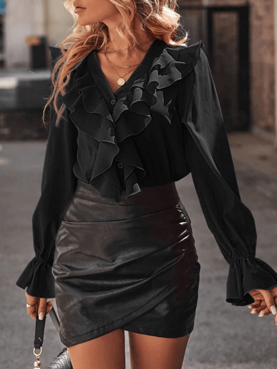 Chemisier à boutons, col en V, col jabot, manches évasées, longues manches, femmes, mode douce et élégante