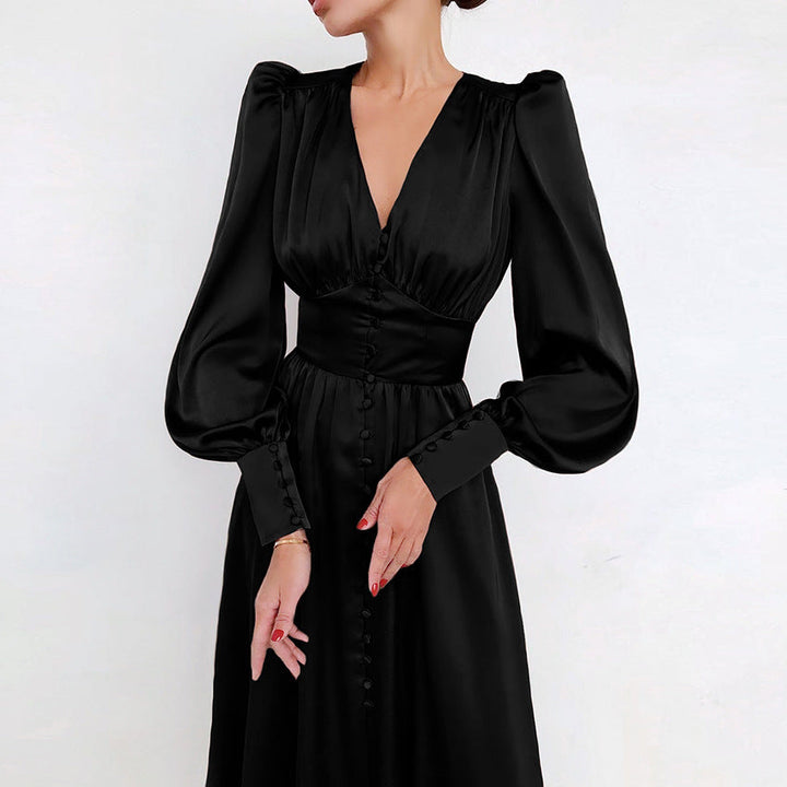 Robe de fête élégante avec décolleté en V et manches bouffantes pour femmes