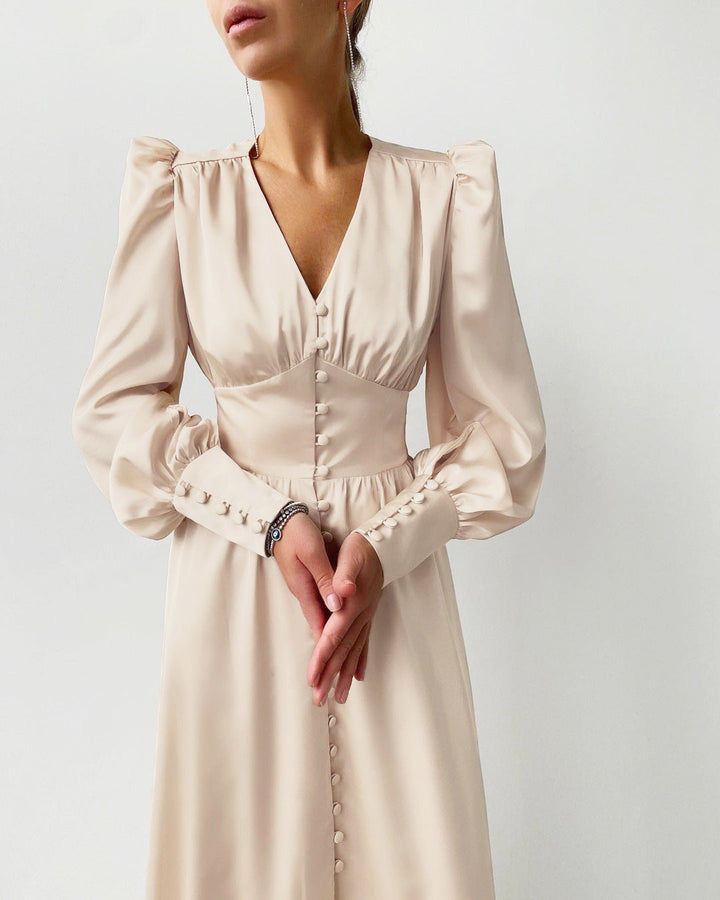 Robe de fête élégante avec décolleté en V et manches bouffantes pour femmes