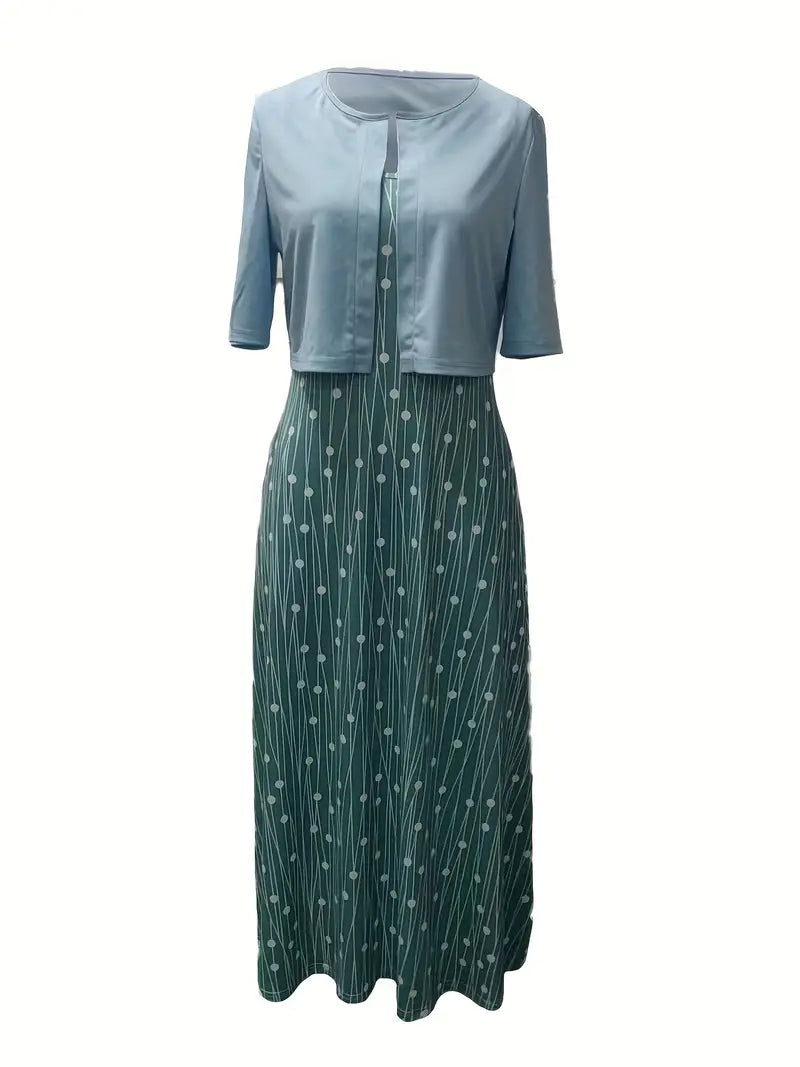 Ensemble de robe à fleurs élégant en deux parties avec crop-top uni et robe à encolure ronde