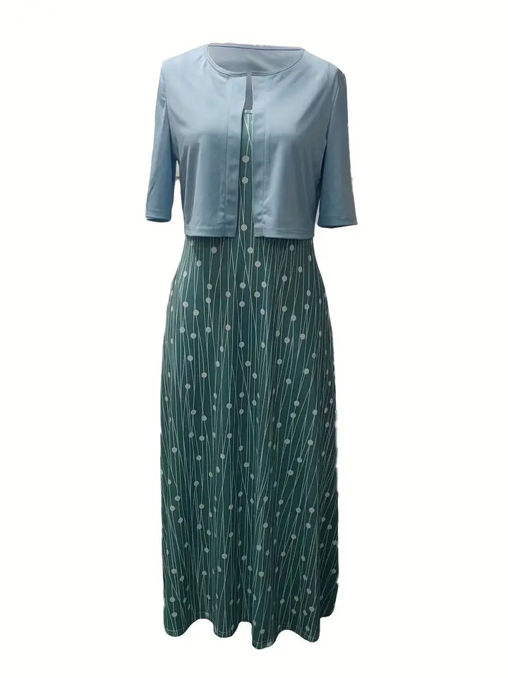 Ensemble de robe à fleurs élégant en deux parties avec crop-top uni et robe à encolure ronde