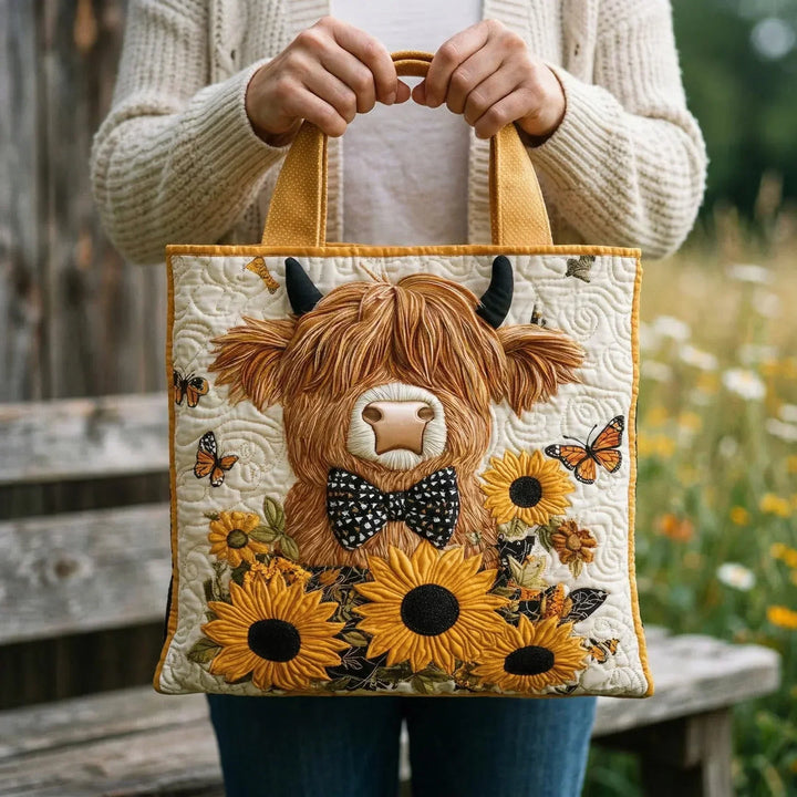 Sac matelassé - Vache des Highlands avec des tournesols