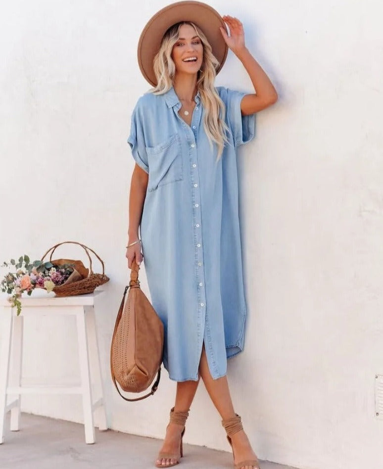 Robe chemise à manches courtes en denim